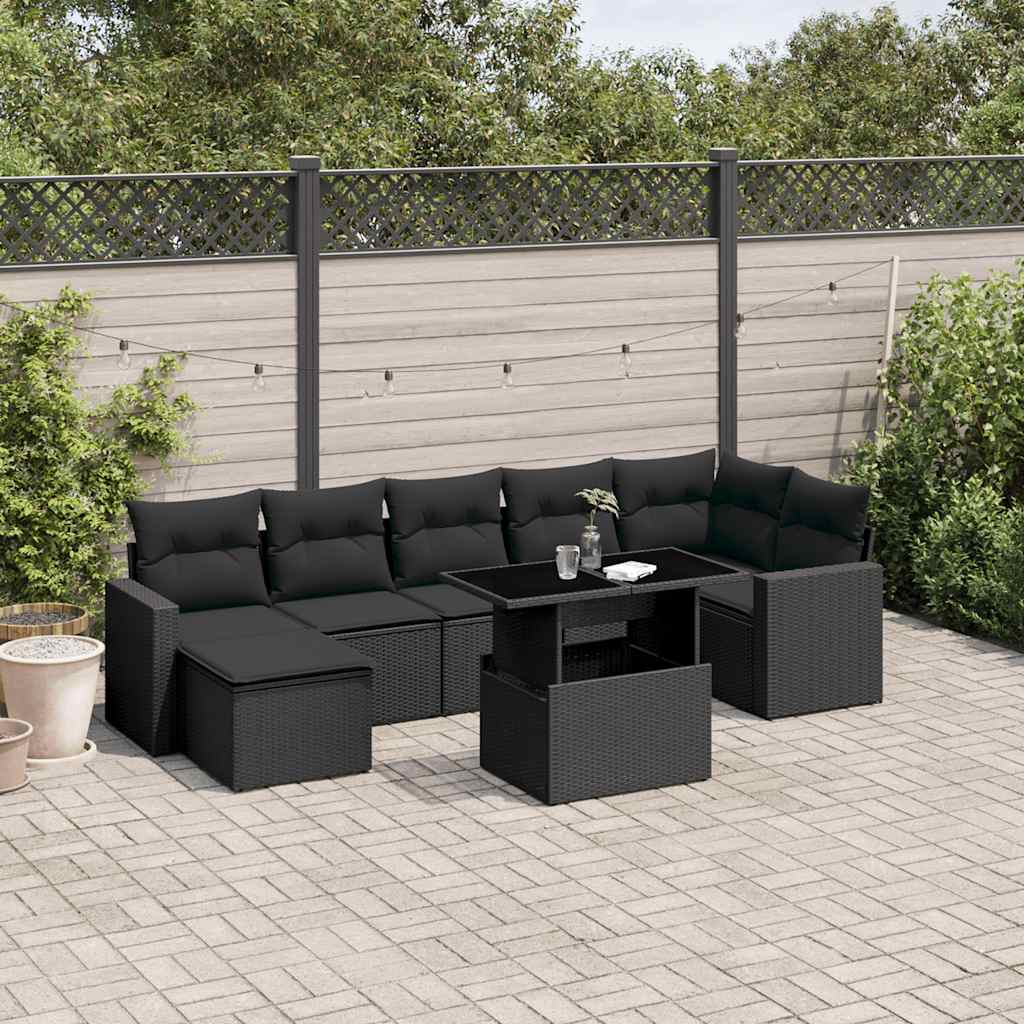 8 Pcs conjunto sofás de jardim com almofadões vime PE preto