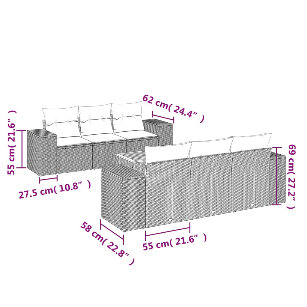 7 Pcs conjunto de sofás p/ jardim c/ almofadões vime PE preto