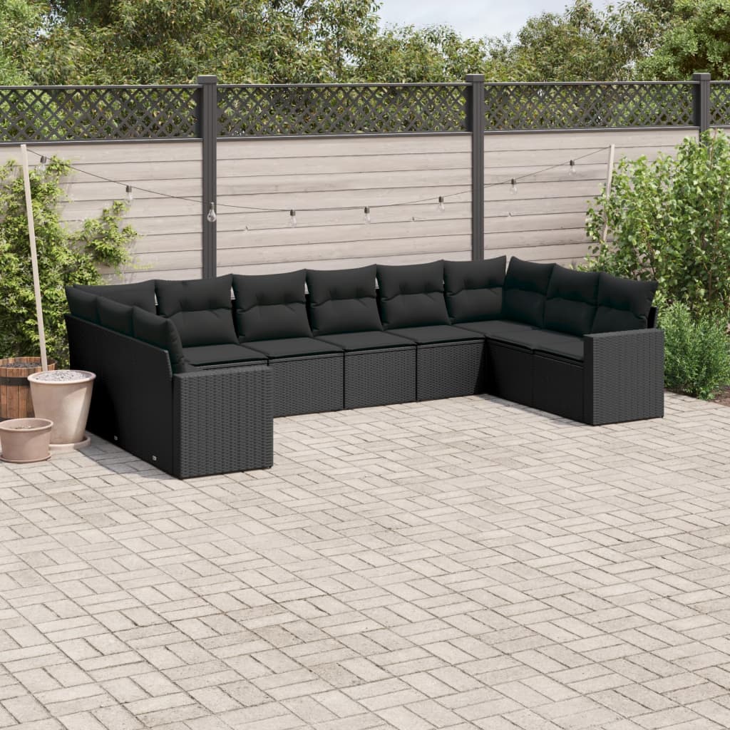 10 Pcs conjunto sofás de jardim c/ almofadões vime PE preto