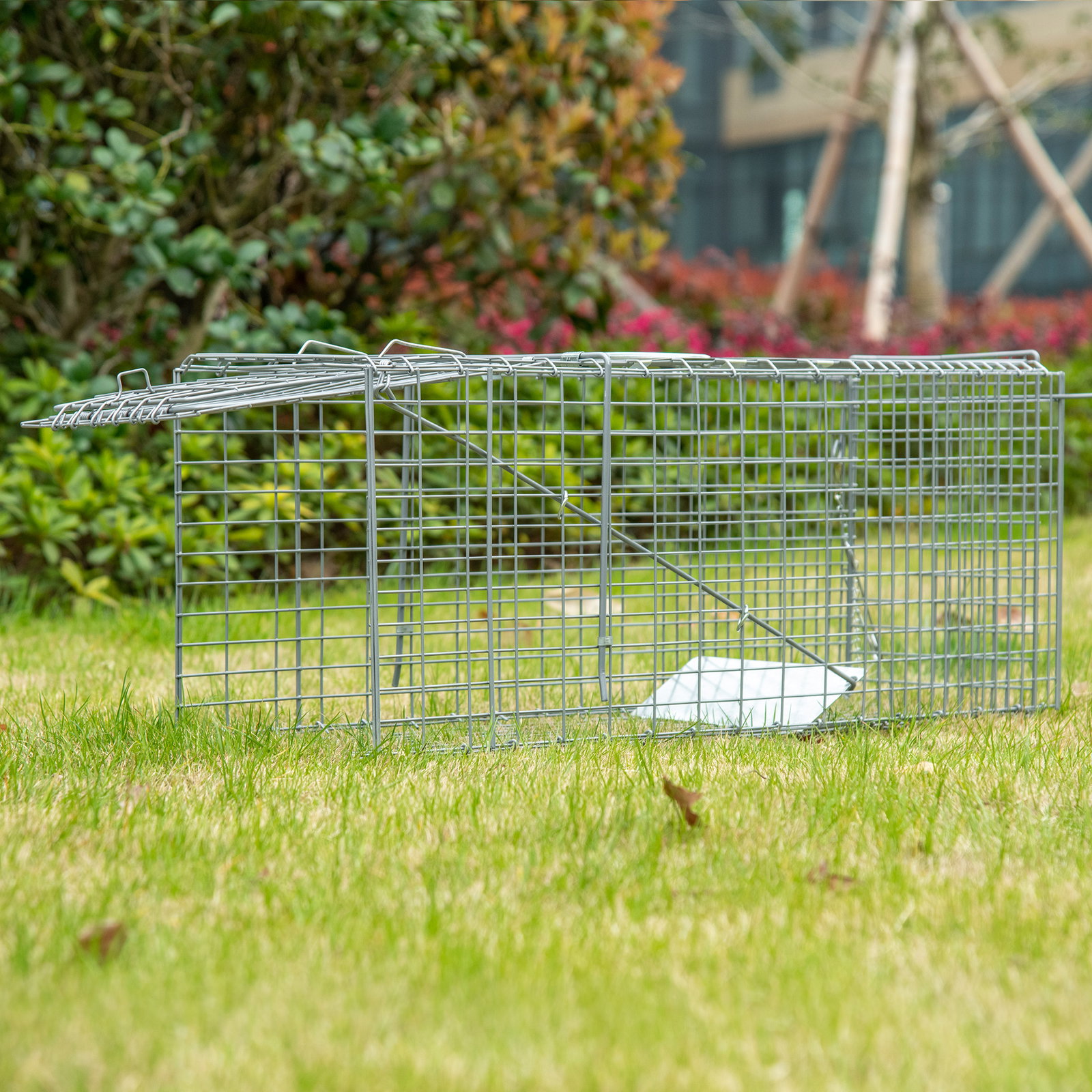 Armadilha para animais vivos dobrável 81x26x34,5 cm gaiola de captura com porta e alça para coelhos roedores prata