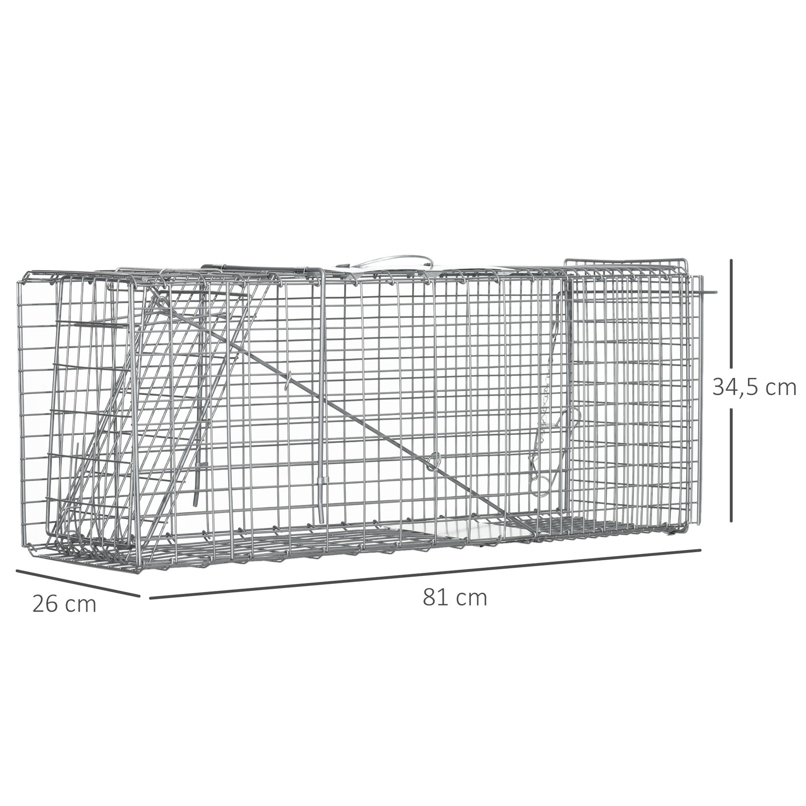 Armadilha para animais vivos dobrável 81x26x34,5 cm gaiola de captura com porta e alça para coelhos roedores prata