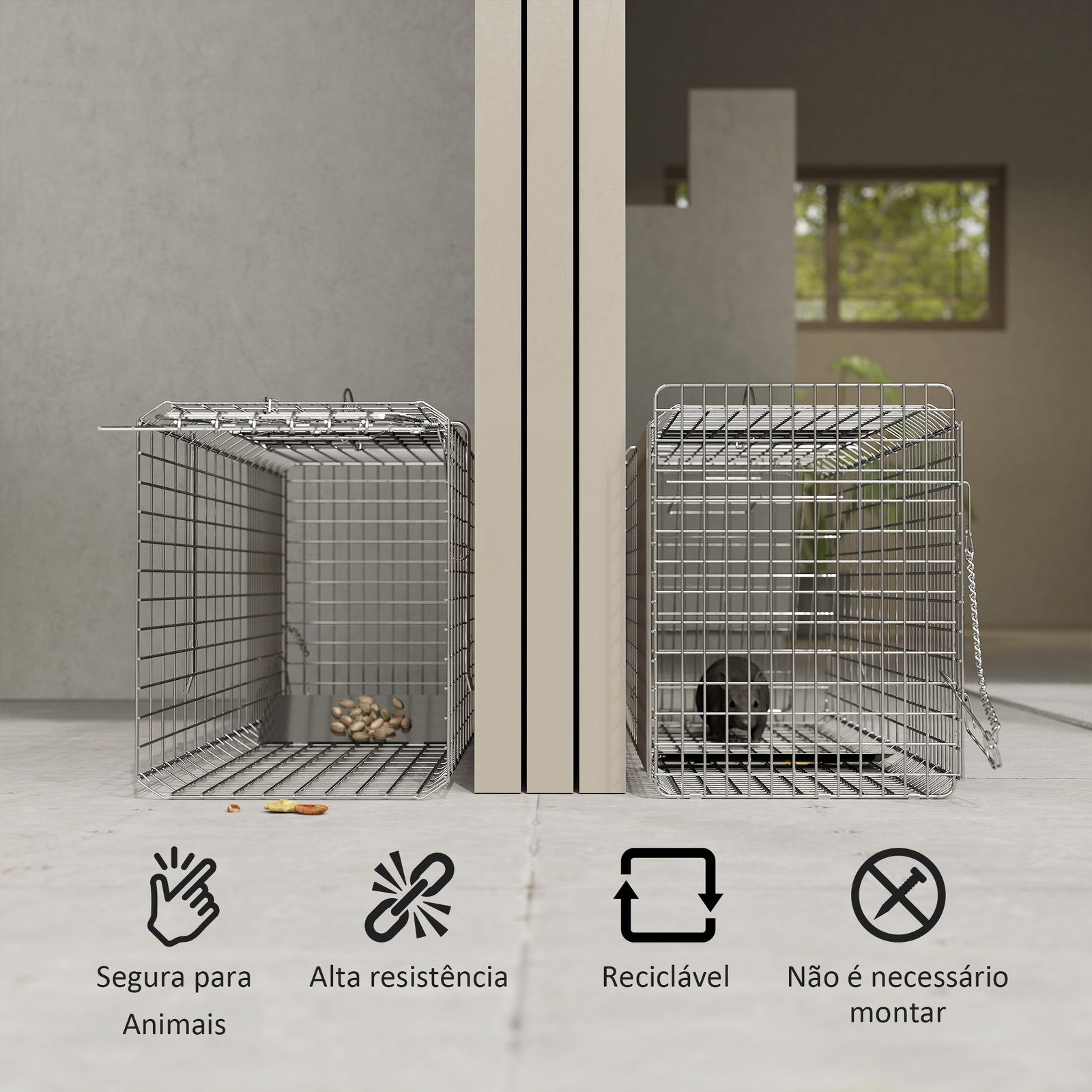 Armadilha para animais vivos dobrável 81x26x34,5 cm gaiola de captura com porta e alça para coelhos roedores prata