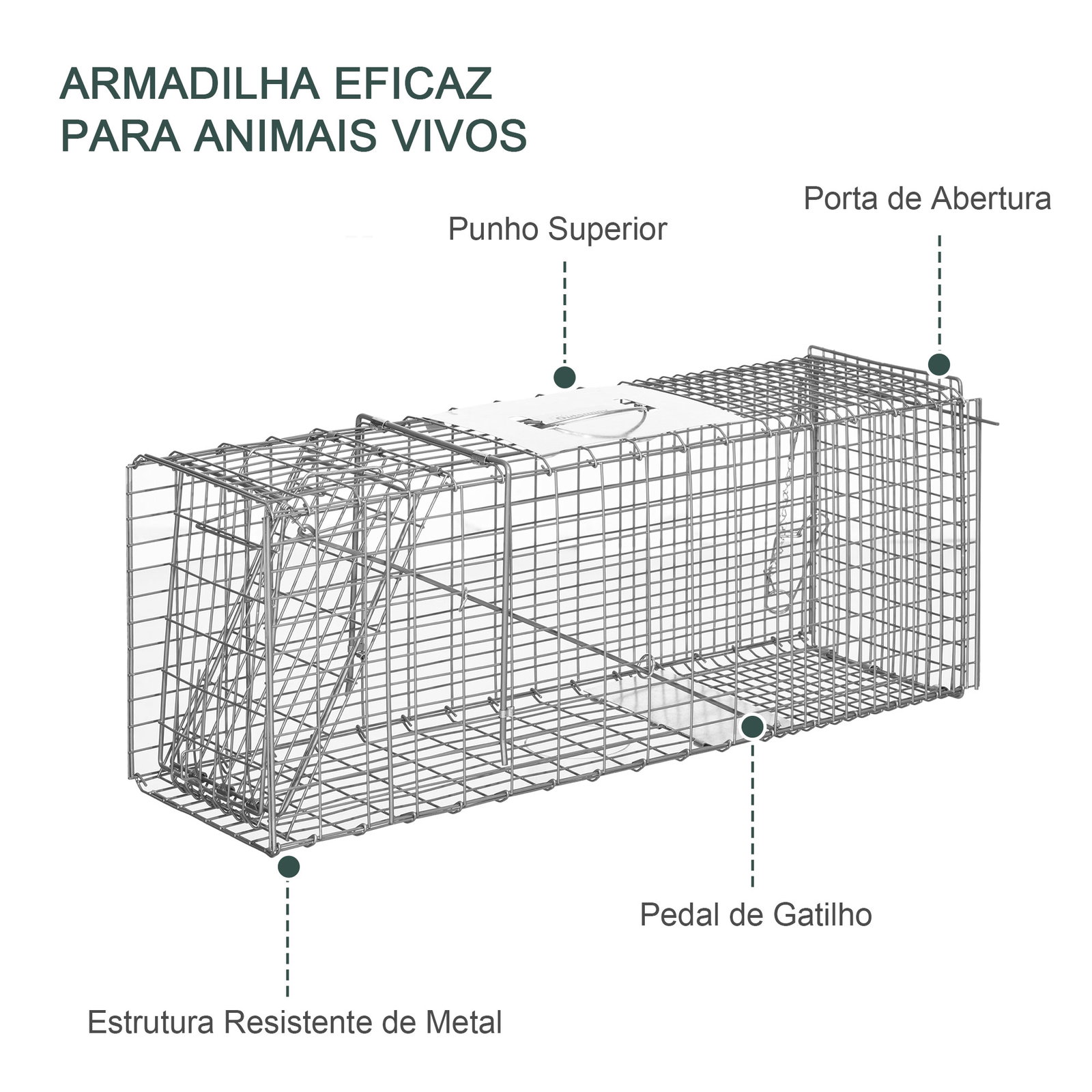 Armadilha para animais vivos dobrável 81x26x34,5 cm gaiola de captura com porta e alça para coelhos roedores prata