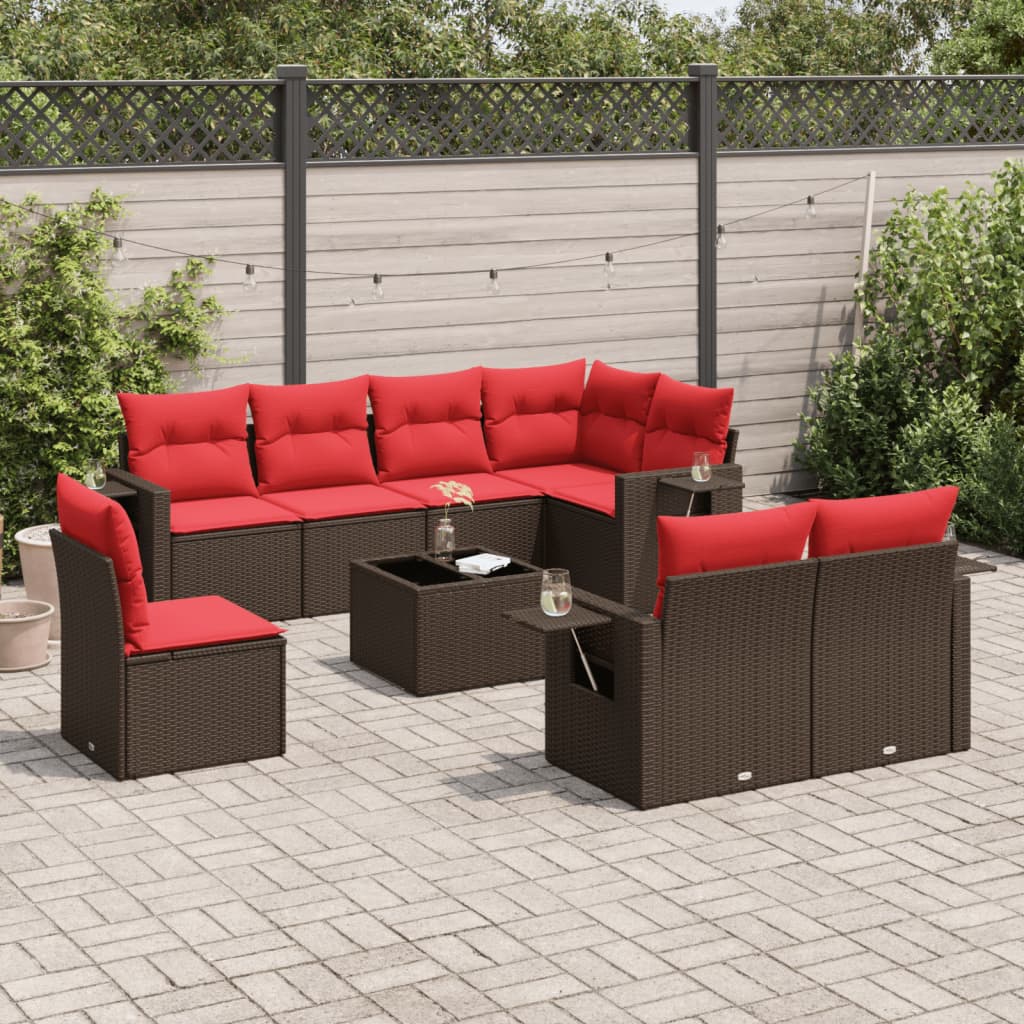 Conjunto de sofá de jardim com 9 peças e almofadas em rattan sintético marrom