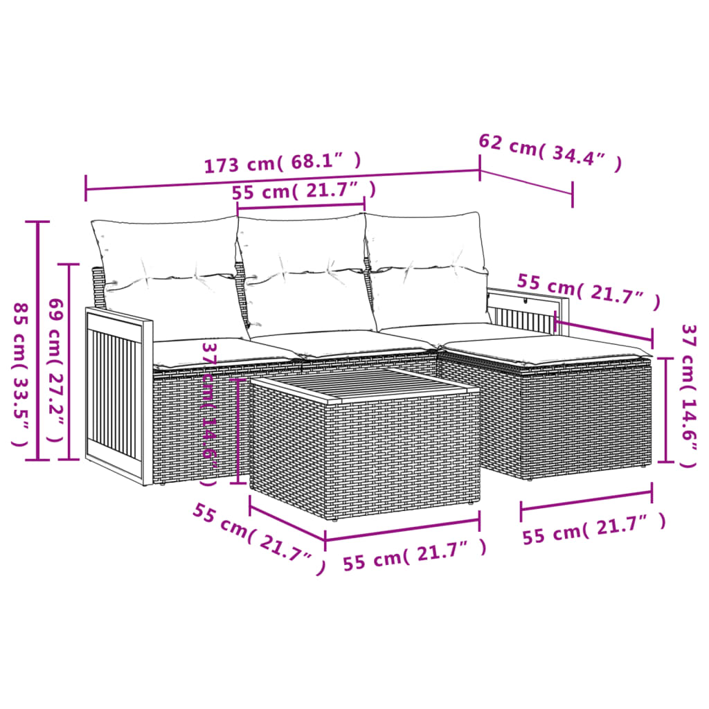 5 Pcs conjunto sofás de jardim c/ almofadões vime PE cinzento