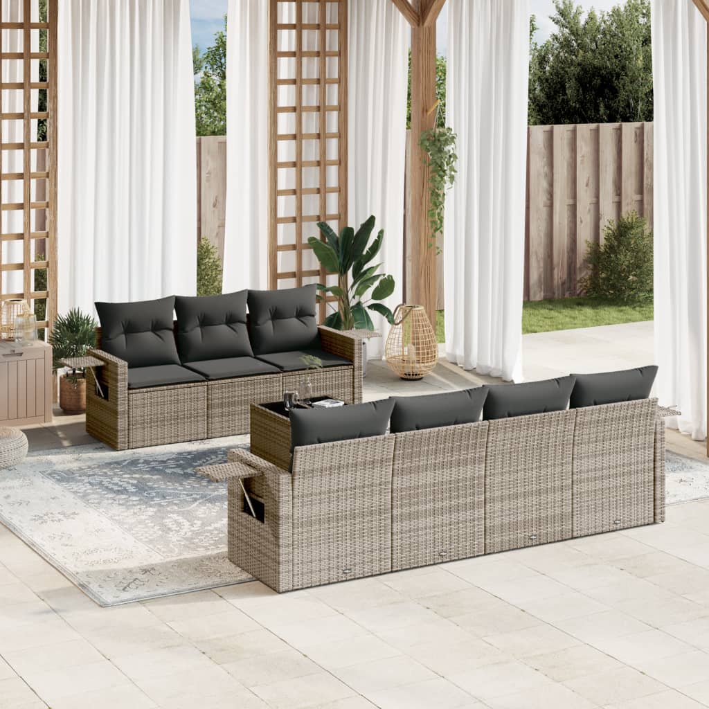 8 Pcs conjunto sofás de jardim c/ almofadões vime PE cinzento