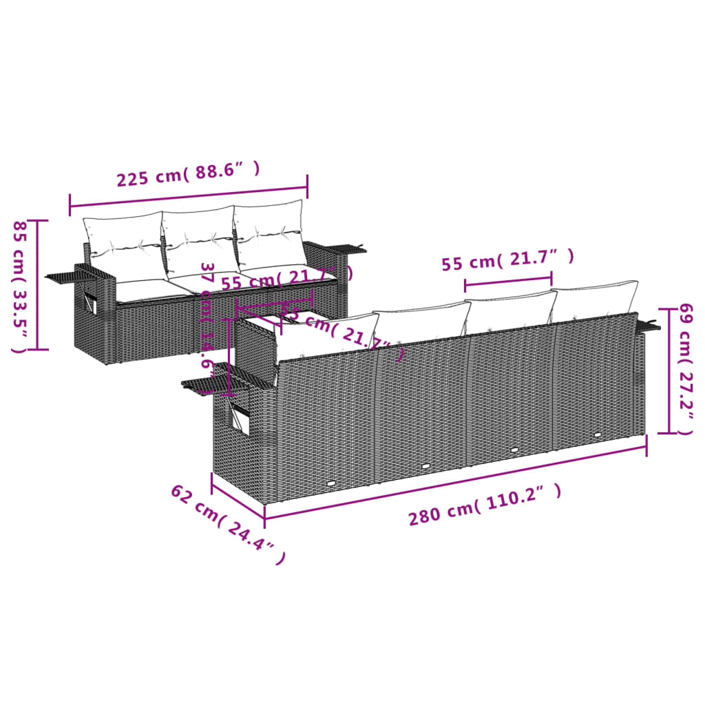 8 Pcs conjunto sofás de jardim c/ almofadões vime PE cinzento