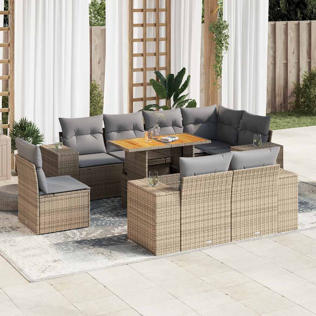 9 Pcs conjunto de sofás p/ jardim com almofadões vime PE bege