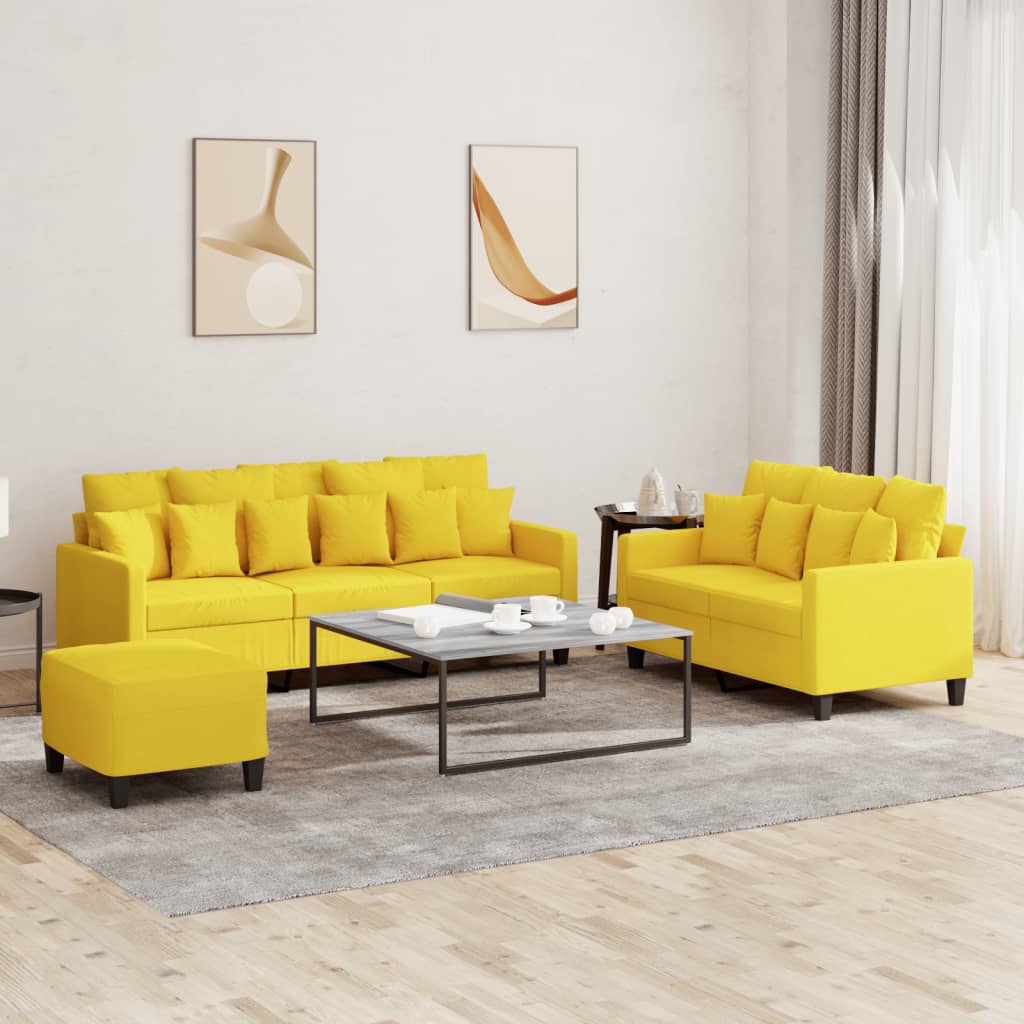 3 Pcs conjunto de sofás com almofadões tecido amarelo-claro