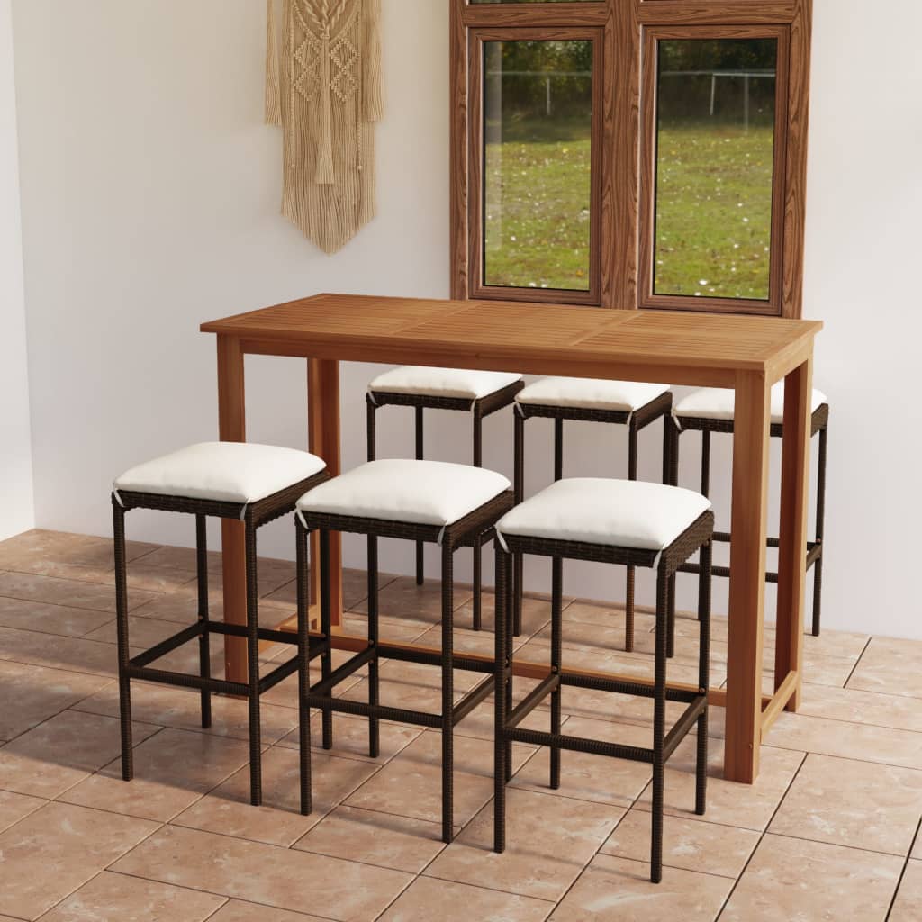 7 Pcs conjunto de bar p/ jardim com almofadões castanho