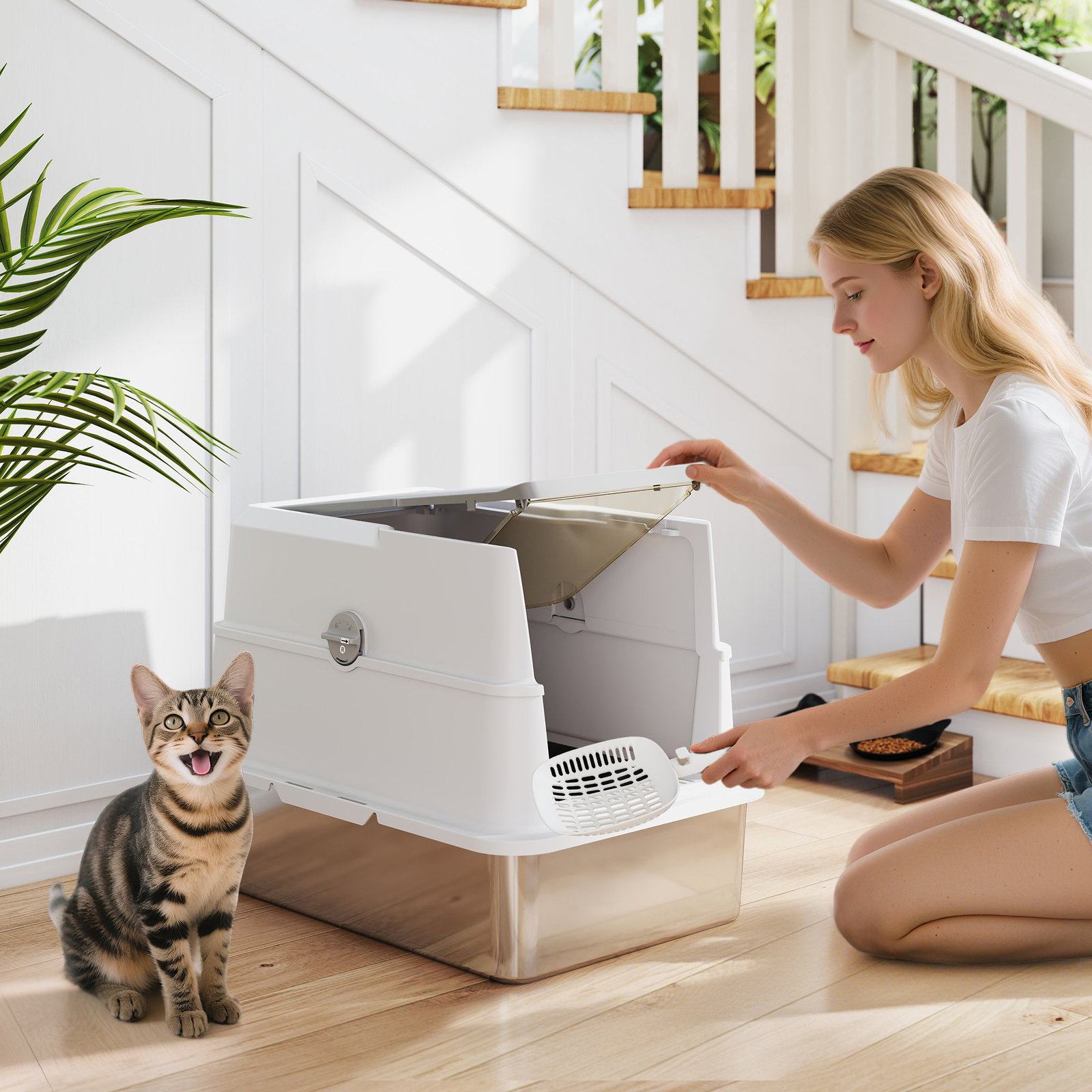 Caixa de areia xl em aço inoxidável para gatos, fechada, com tampa rebatível, bordo alto, pá e sistema anti-fugas, cinzento-claro