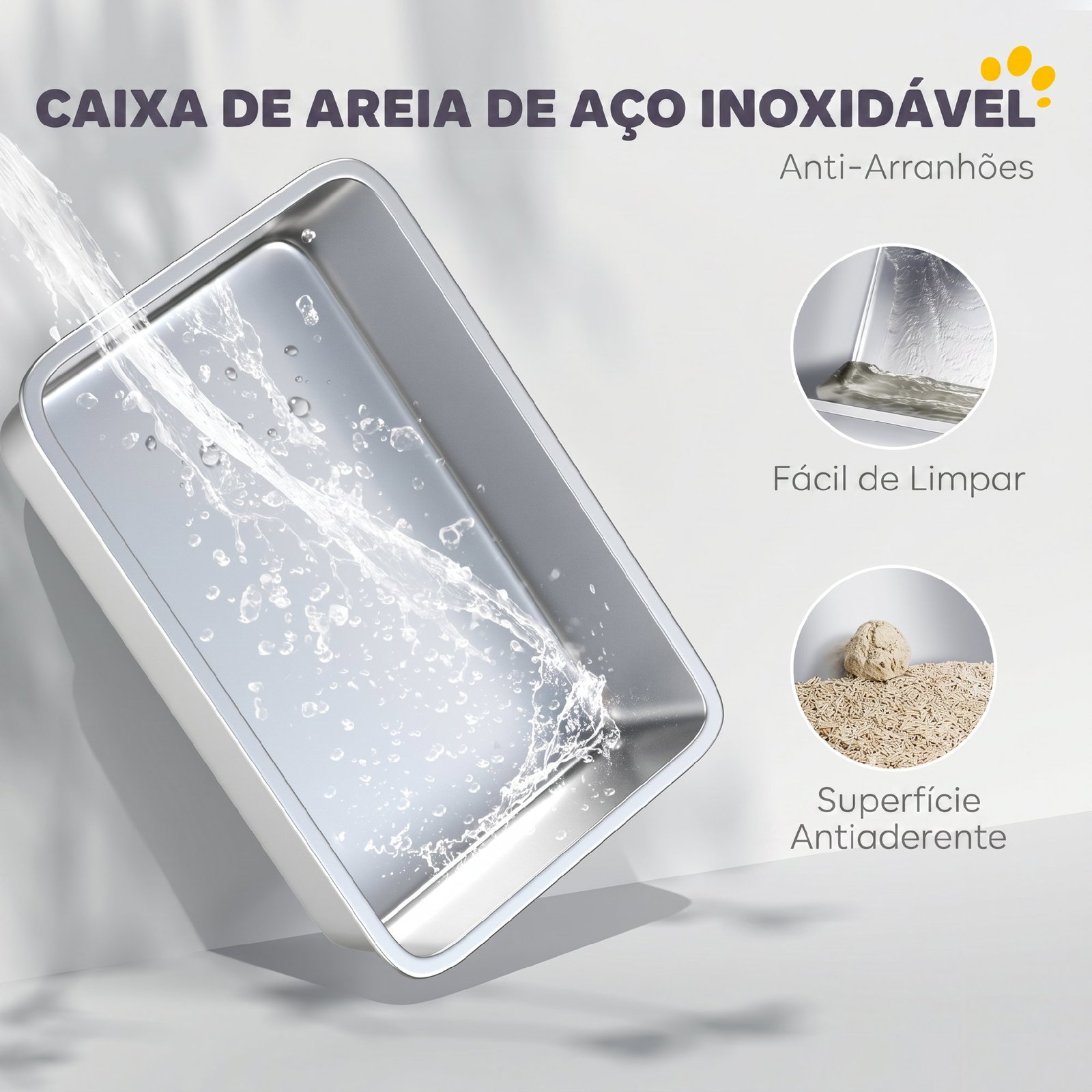 Caixa de areia xl em aço inoxidável para gatos, fechada, com tampa rebatível, bordo alto, pá e sistema anti-fugas, cinzento-claro