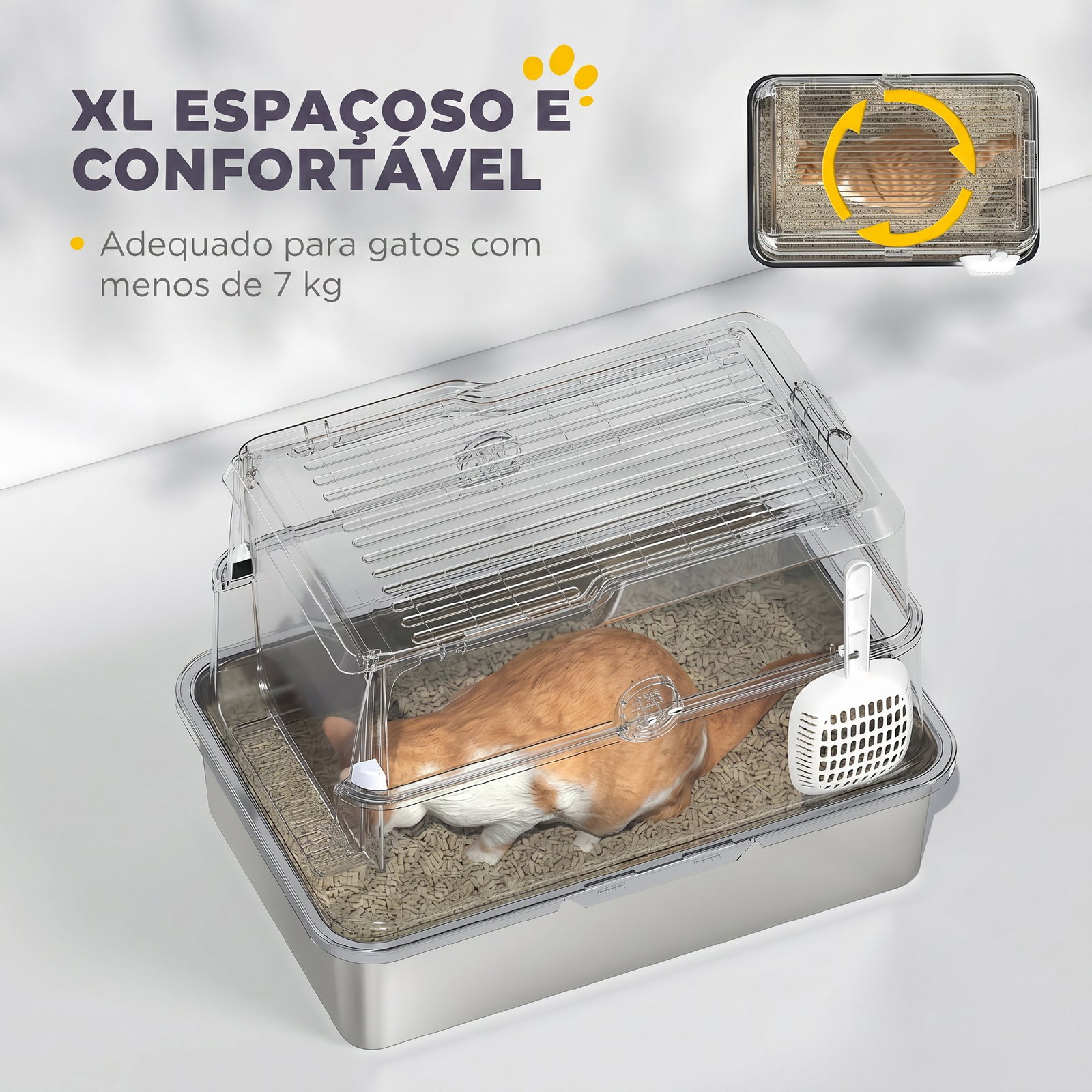 Caixa de areia xl em aço inoxidável para gatos, fechada, com tampa rebatível, bordo alto, pá e sistema anti-fugas, cinzento-claro