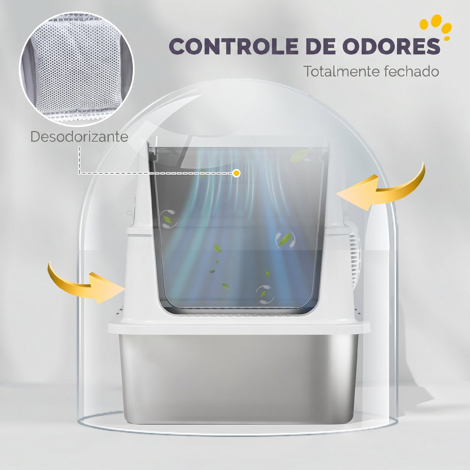 Caixa de areia xl em aço inoxidável para gatos, fechada, com tampa rebatível, bordo alto, pá e sistema anti-fugas, cinzento-claro