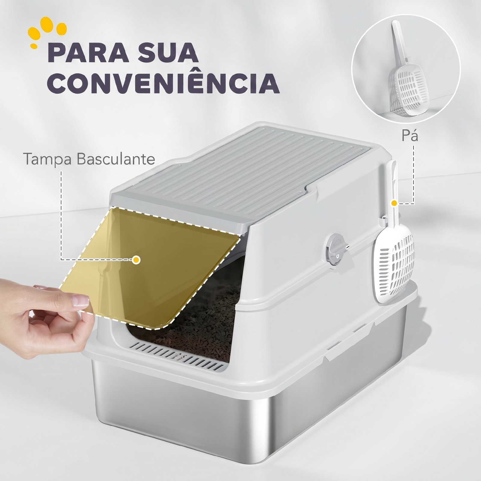 Caixa de areia xl em aço inoxidável para gatos, fechada, com tampa rebatível, bordo alto, pá e sistema anti-fugas, cinzento-claro