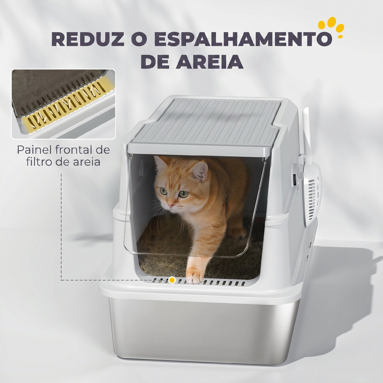 Caixa de areia xl em aço inoxidável para gatos, fechada, com tampa rebatível, bordo alto, pá e sistema anti-fugas, cinzento-claro