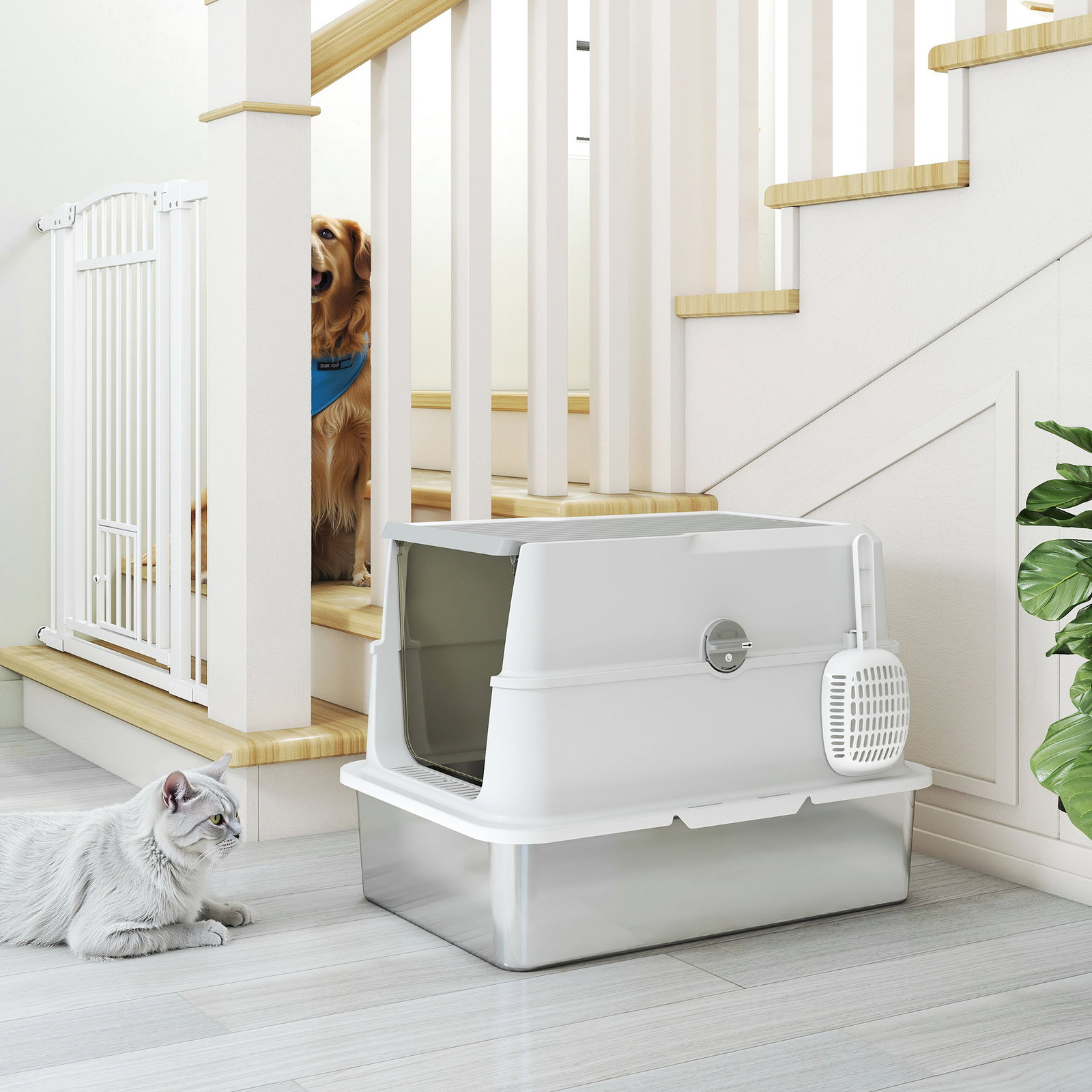 Caixa de areia xl em aço inoxidável para gatos, fechada, com tampa rebatível, bordo alto, pá e sistema anti-fugas, cinzento-claro