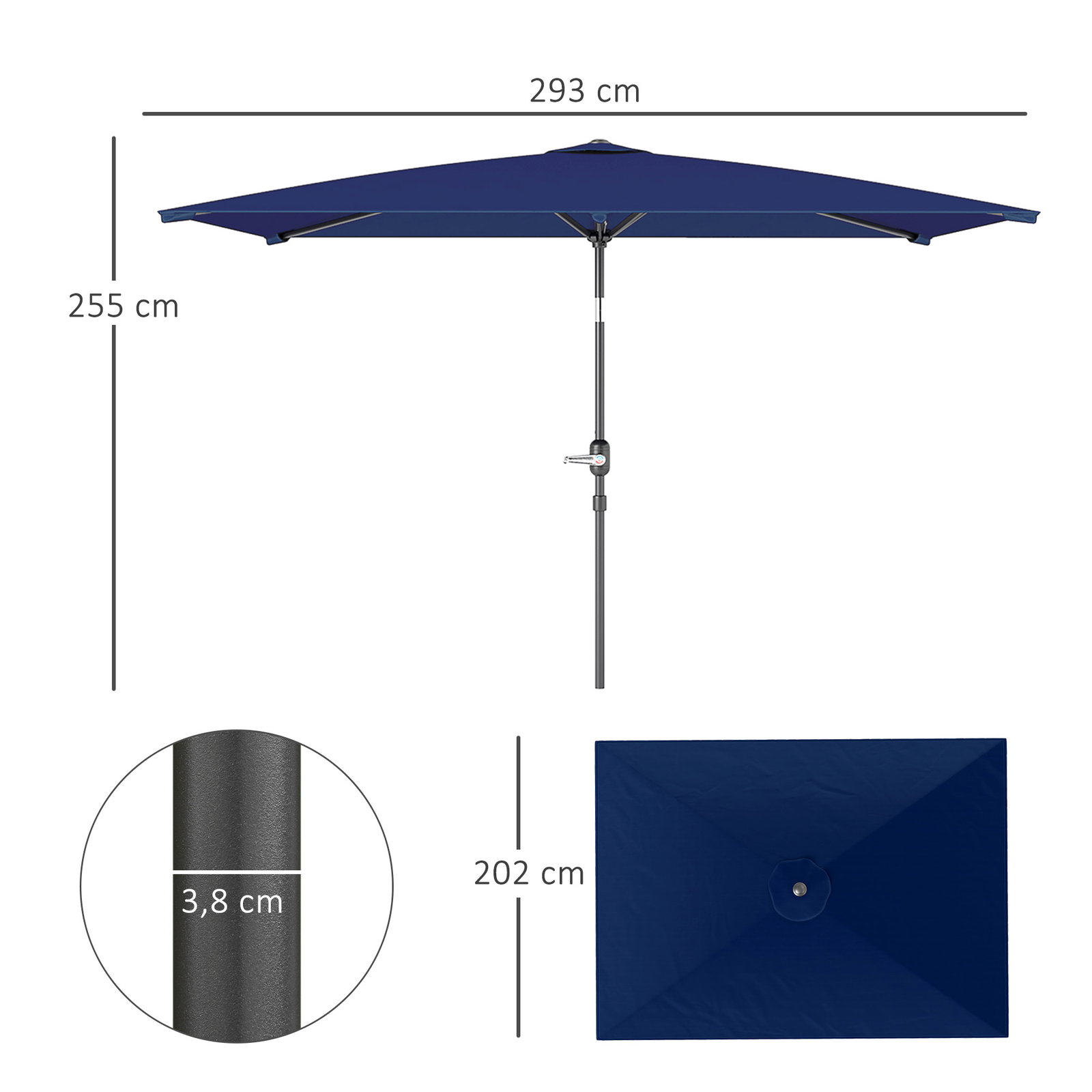 Chapéu de sol de alumínio 198x294x255 cm chapéu retangular de jardim inclinável com manivela e mastro desmontável azul-marinho