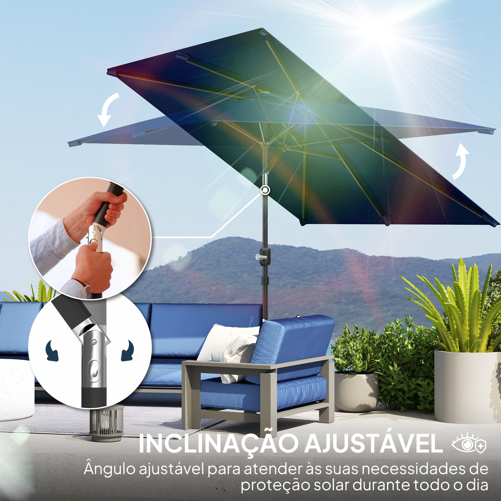 Chapéu de sol de alumínio 198x294x255 cm chapéu retangular de jardim inclinável com manivela e mastro desmontável azul-marinho