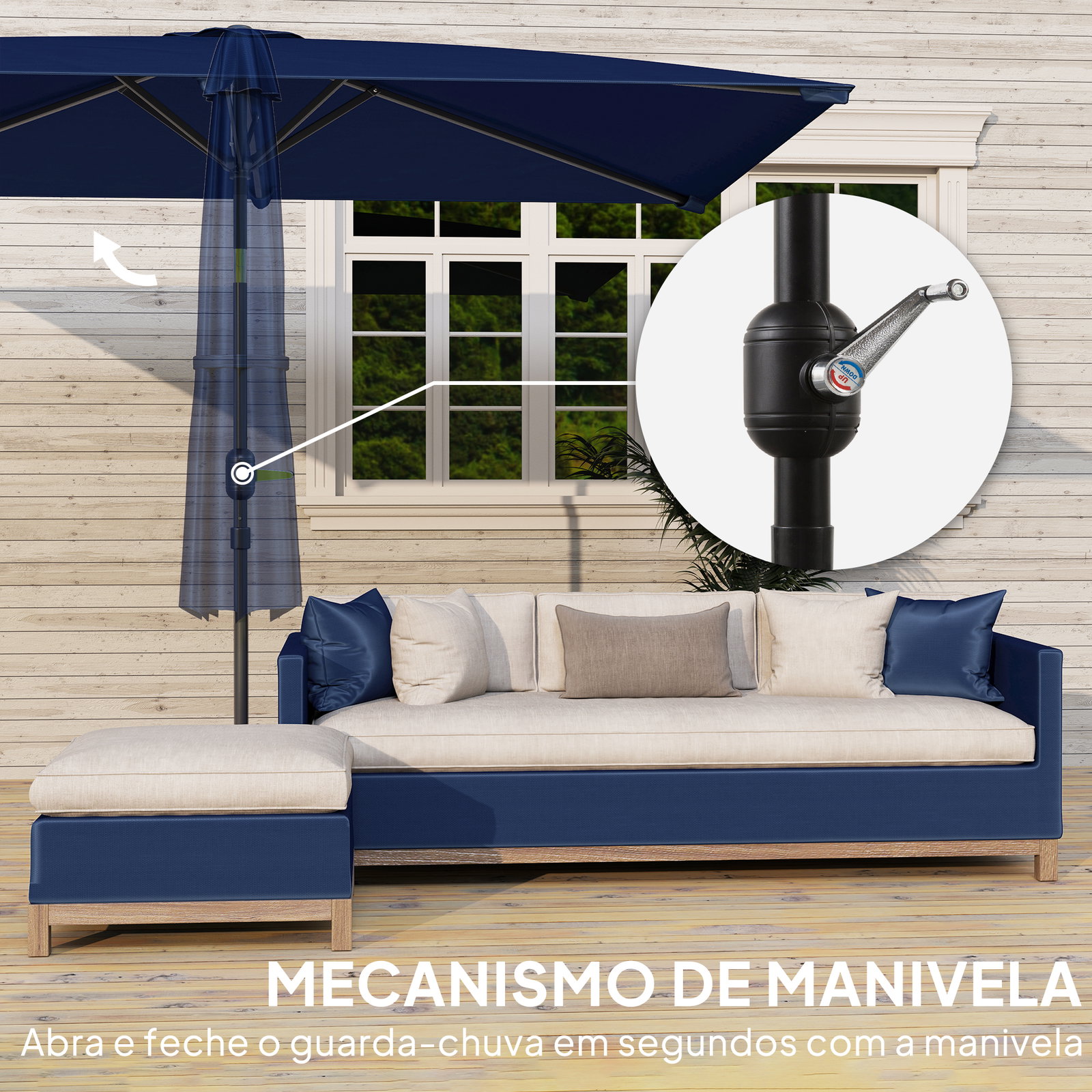 Chapéu de sol de alumínio 198x294x255 cm chapéu retangular de jardim inclinável com manivela e mastro desmontável azul-marinho