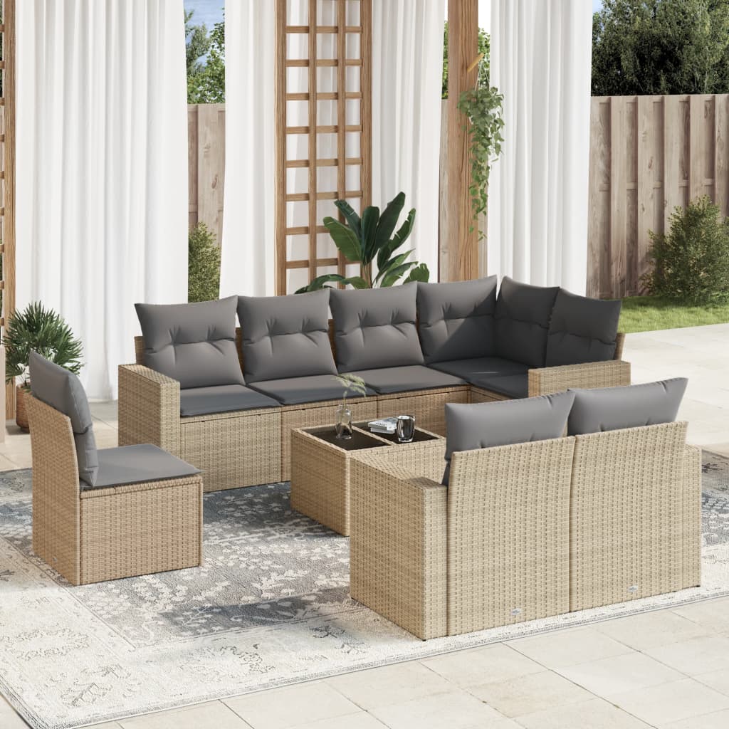 9 Pcs conjunto de sofás p/ jardim com almofadões vime PE bege