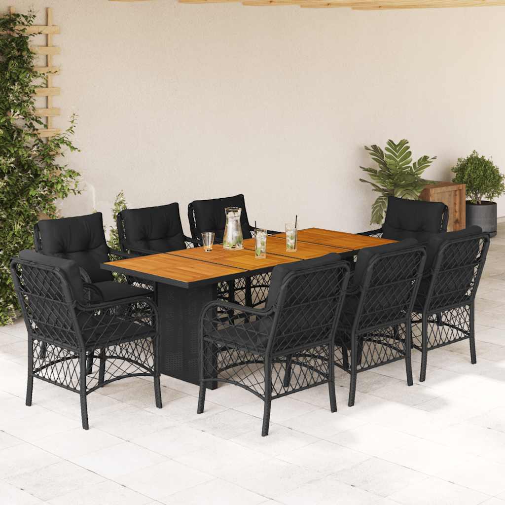 9 Pcs conjunto de jantar p/ jardim c/ almofadões vime PE preto