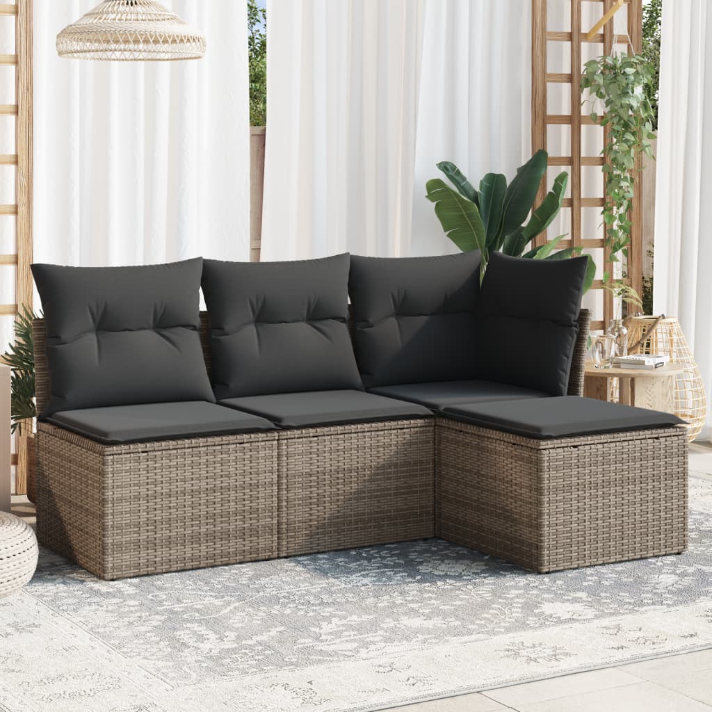4 Pcs conjunto sofás de jardim c/ almofadões vime PE cinzento