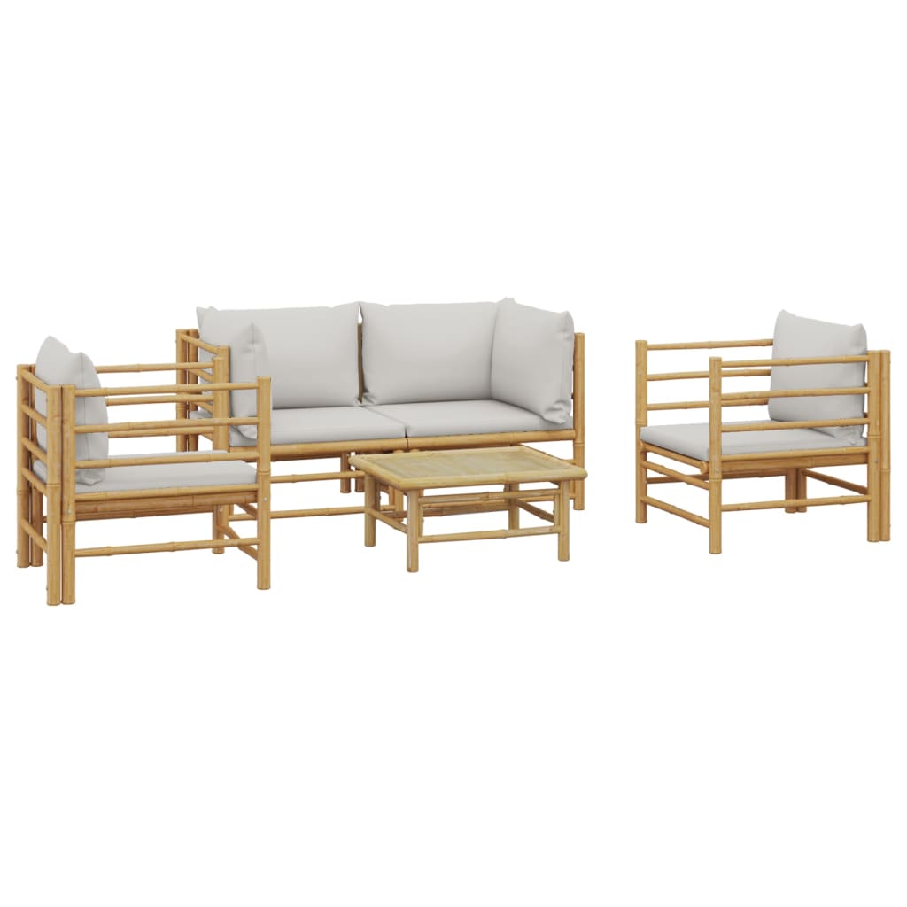 5 Pcs conj. lounge de jardim bambu c/ almofadões cinzento-claro
