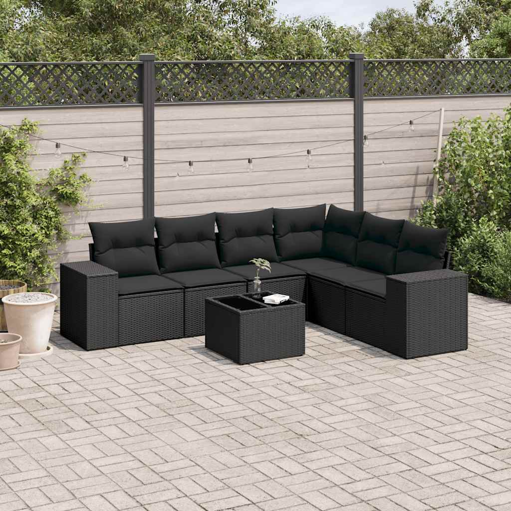 7 Pcs conjunto de sofás p/ jardim c/ almofadões vime PE preto