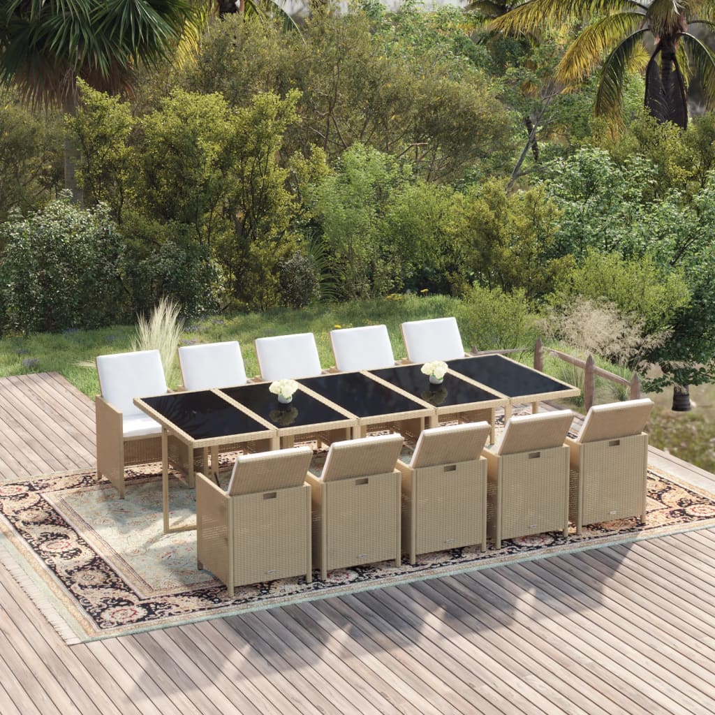 11 Pcs conjunto jantar p/ jardim c/ almofadões vime PE bege