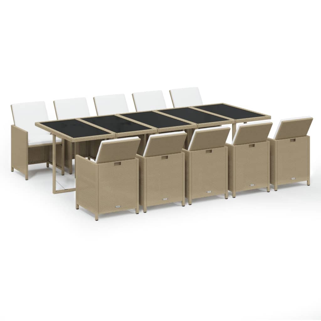 11 Pcs conjunto jantar p/ jardim c/ almofadões vime PE bege