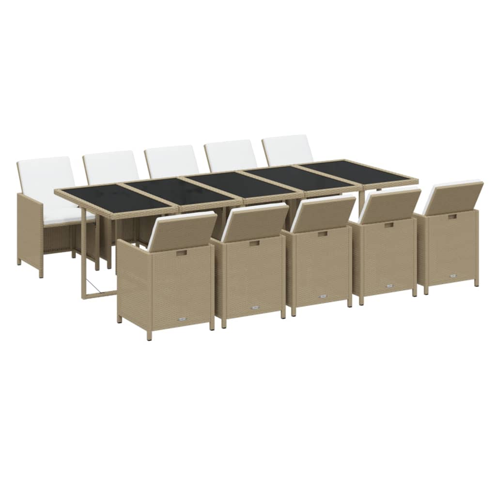 11 Pcs conjunto jantar p/ jardim c/ almofadões vime PE bege