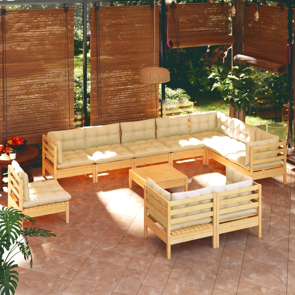 11 Pcs conjunto lounge jardim c/ almofadões creme pinho maciço