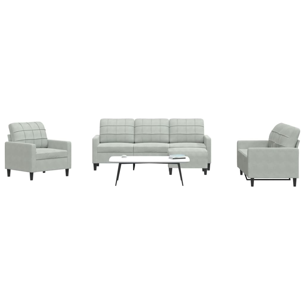 4 Pcs conjunto de sofás com almofadões veludo cinzento-claro