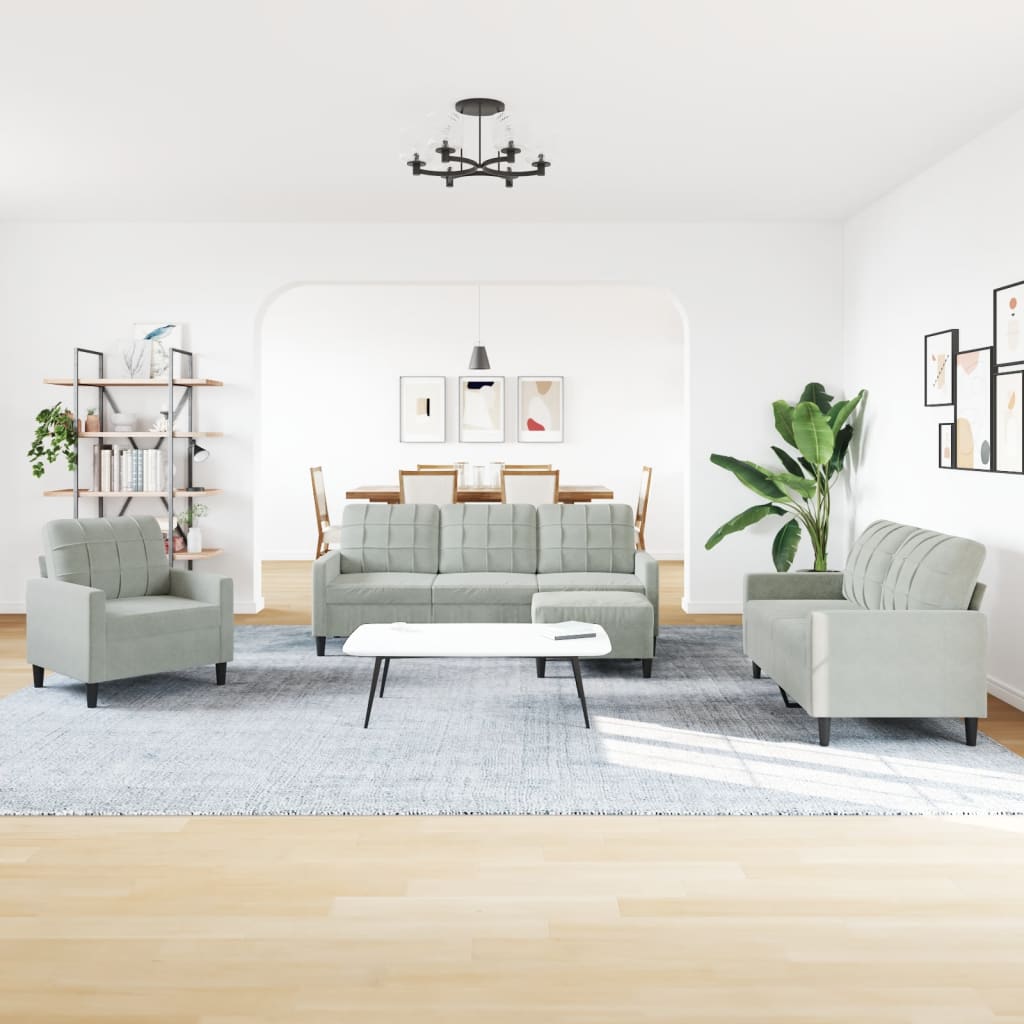4 Pcs conjunto de sofás com almofadões veludo cinzento-claro