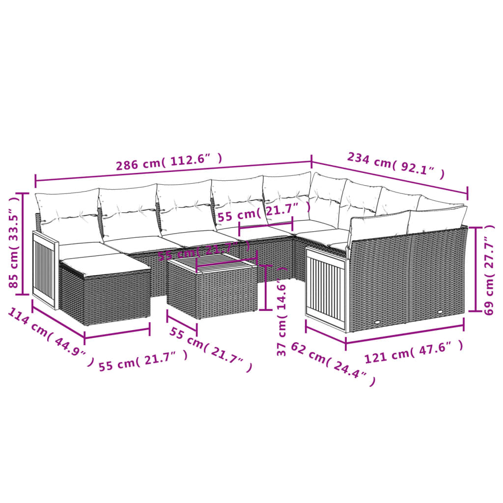 11 Pcs conjunto sofás de jardim c/ almofadões vime PE cinzento