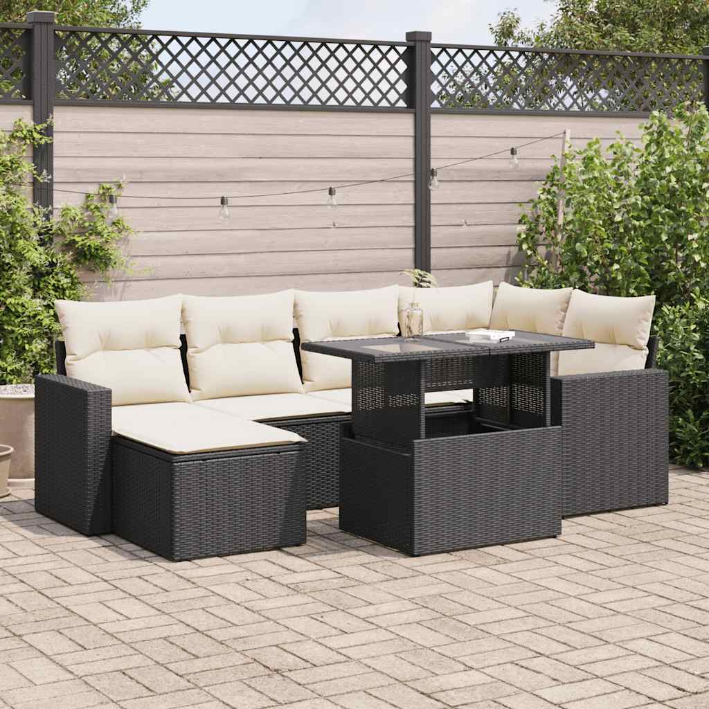 7 Pcs conjunto de sofás p/ jardim c/ almofadões vime PE preto