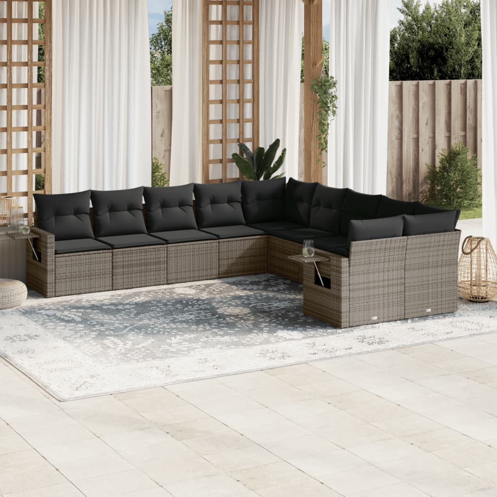 10 Pcs conjunto sofás de jardim c/ almofadões vime PE cinzento