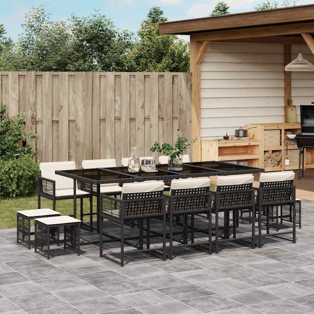 13 Pcs conjunto de jantar p/jardim com almofadões vime PE preto