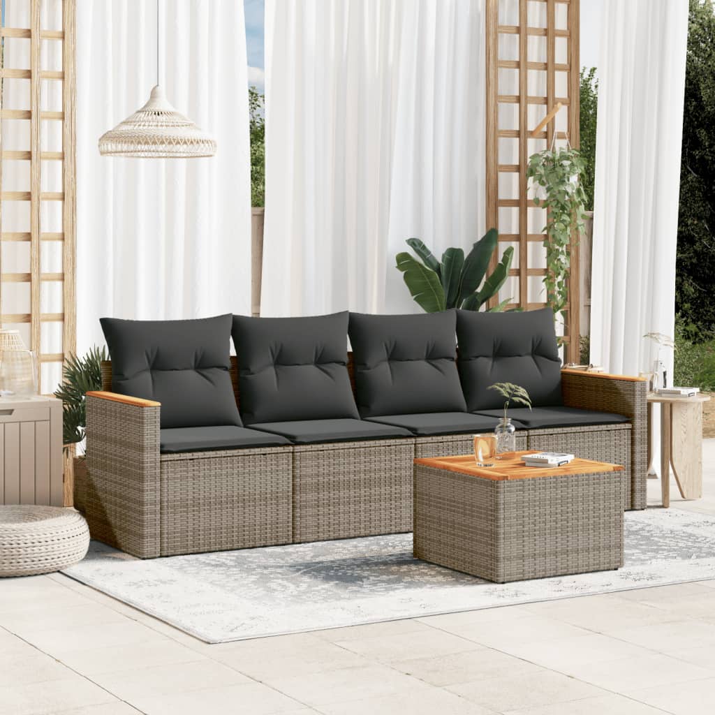 5 Pcs conjunto sofás de jardim c/ almofadões vime PE cinzento