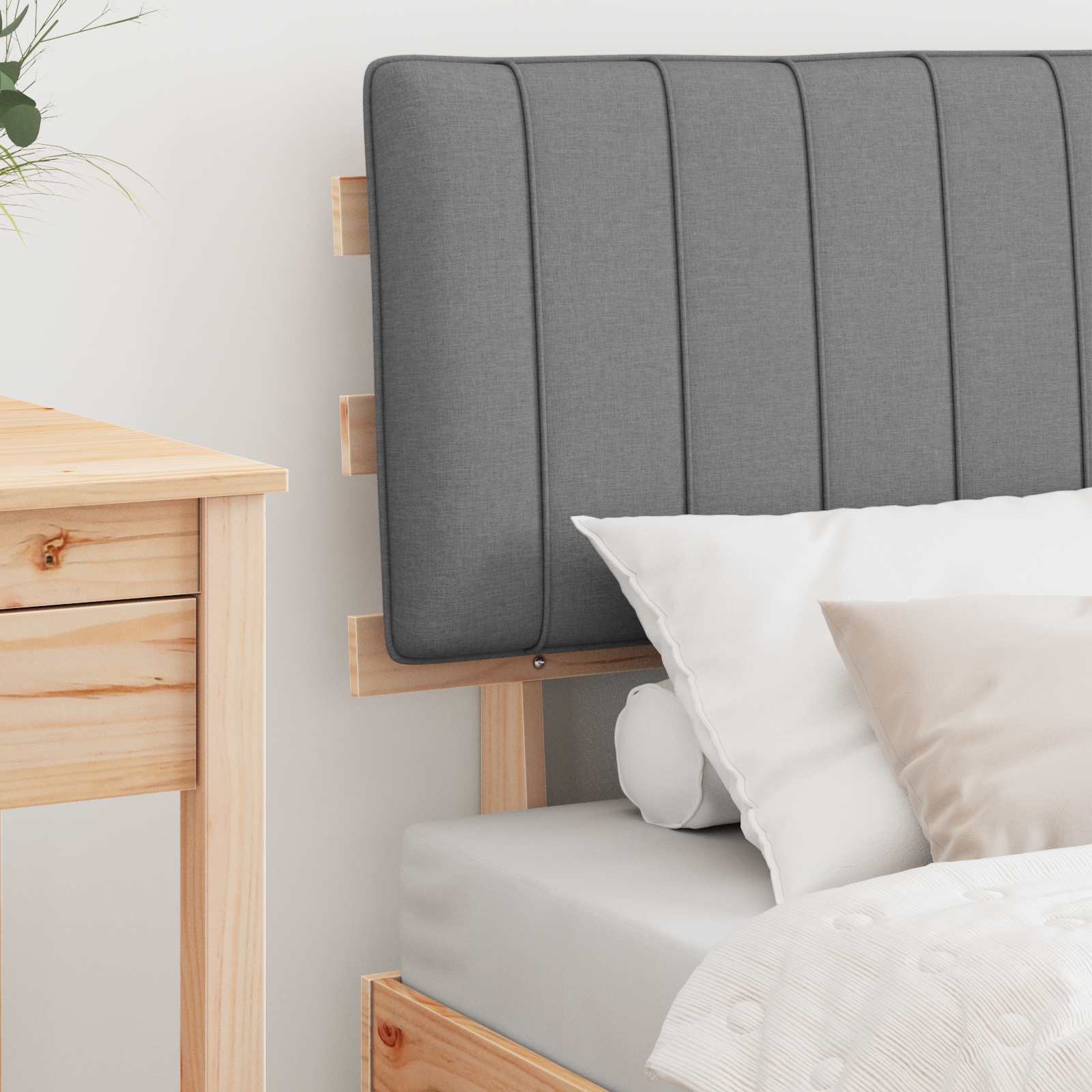 Estrutura de cama com cabeceira estofada cinzento-claro