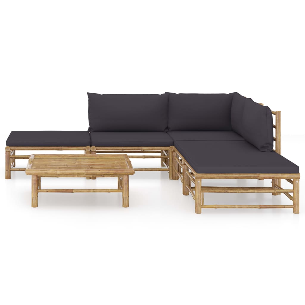 6 Pcs conj. lounge jardim em bambu c/ almofadões cinza-escuro