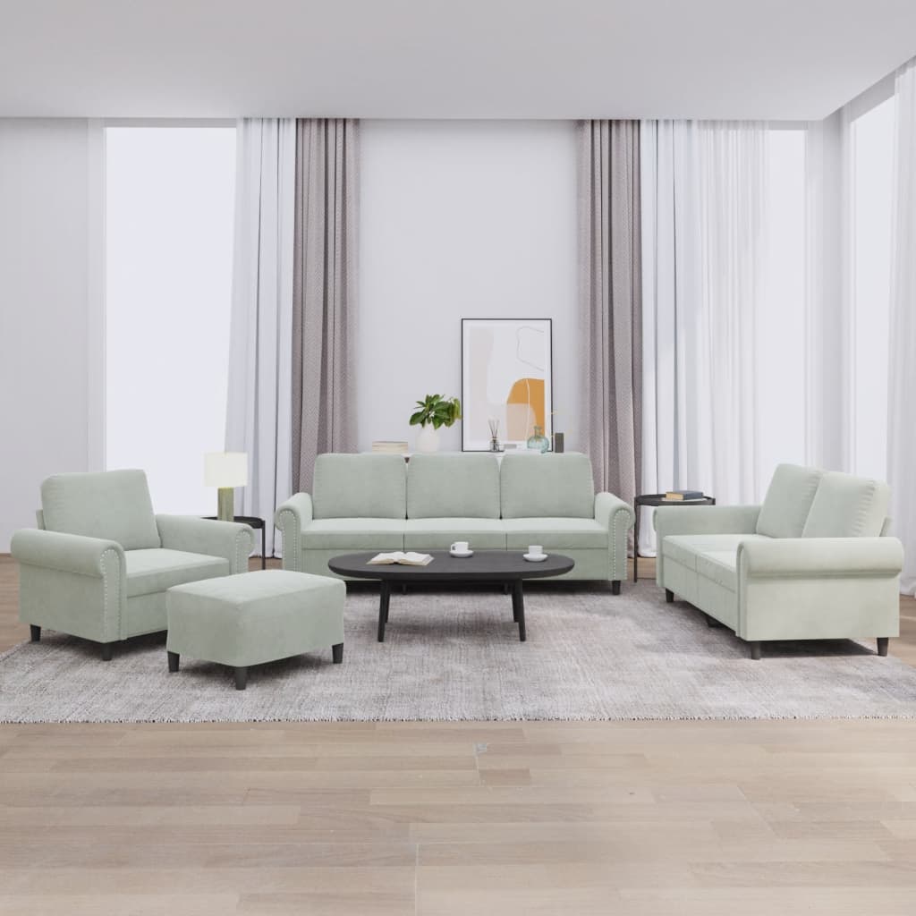 4 Pcs conjunto de sofás com almofadões veludo cinzento-claro
