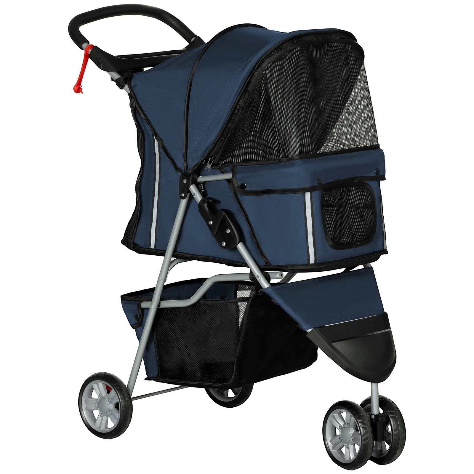 Carrinho para animais de estimação dobrável com rodas giratórias cesto e suporte para copos 75x45x97 cm azul escuro