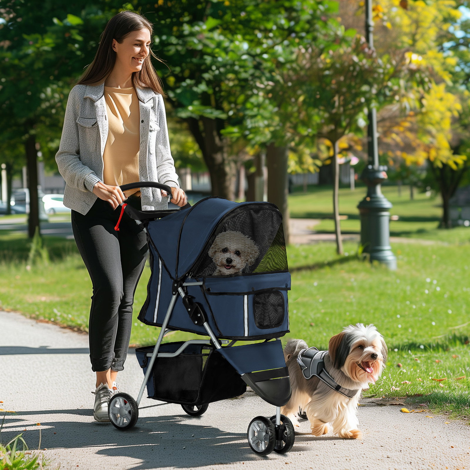 Carrinho para animais de estimação dobrável com rodas giratórias cesto e suporte para copos 75x45x97 cm azul escuro