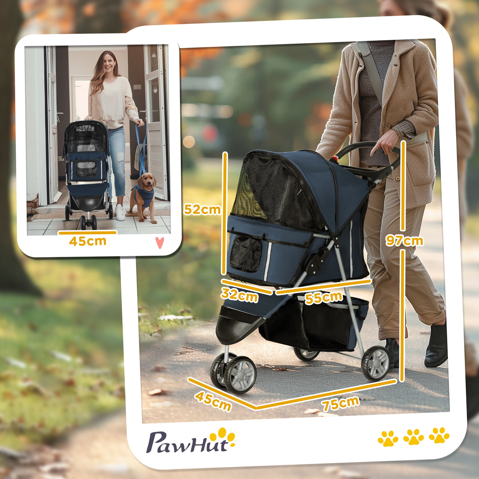 Carrinho para animais de estimação dobrável com rodas giratórias cesto e suporte para copos 75x45x97 cm azul escuro