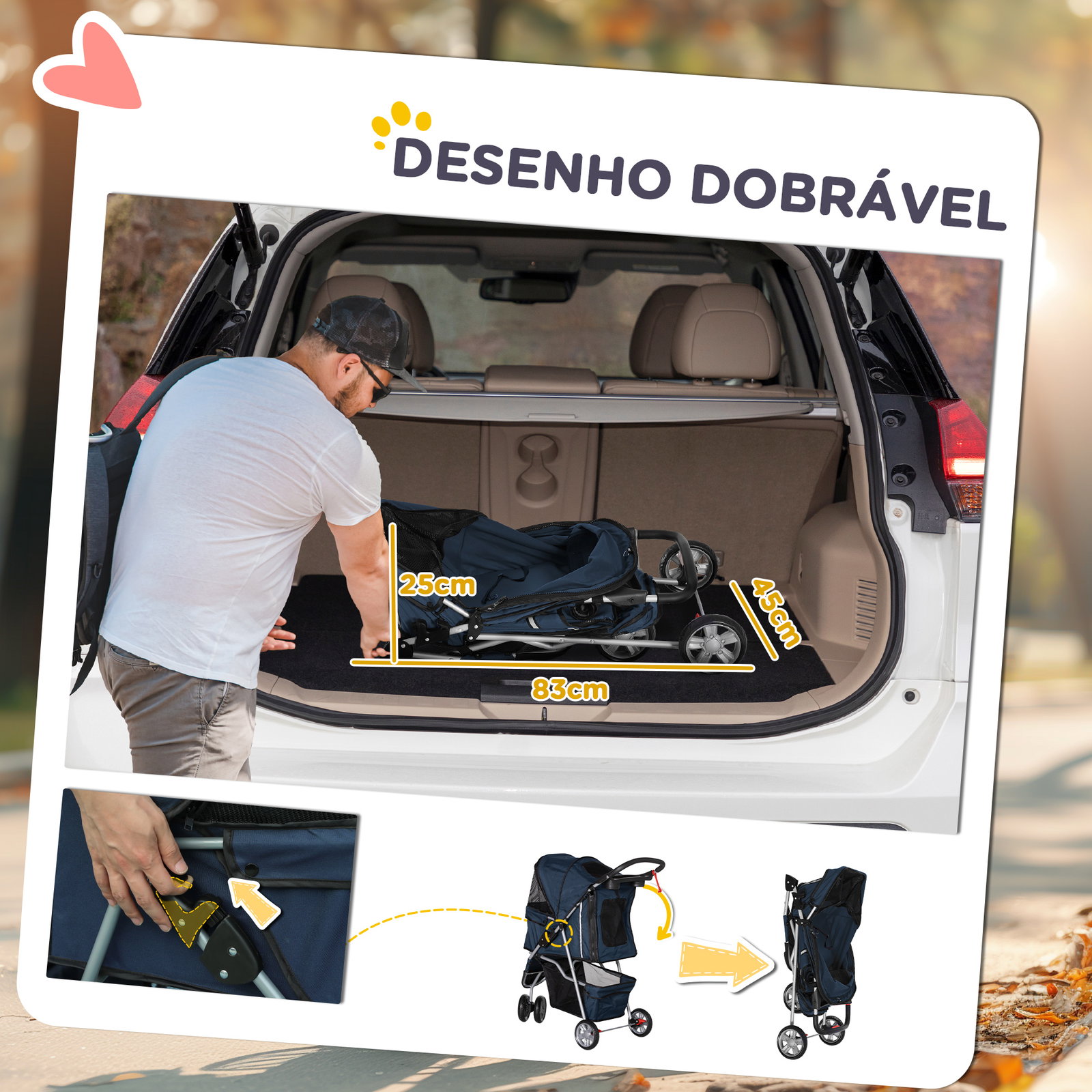 Carrinho para animais de estimação dobrável com rodas giratórias cesto e suporte para copos 75x45x97 cm azul escuro