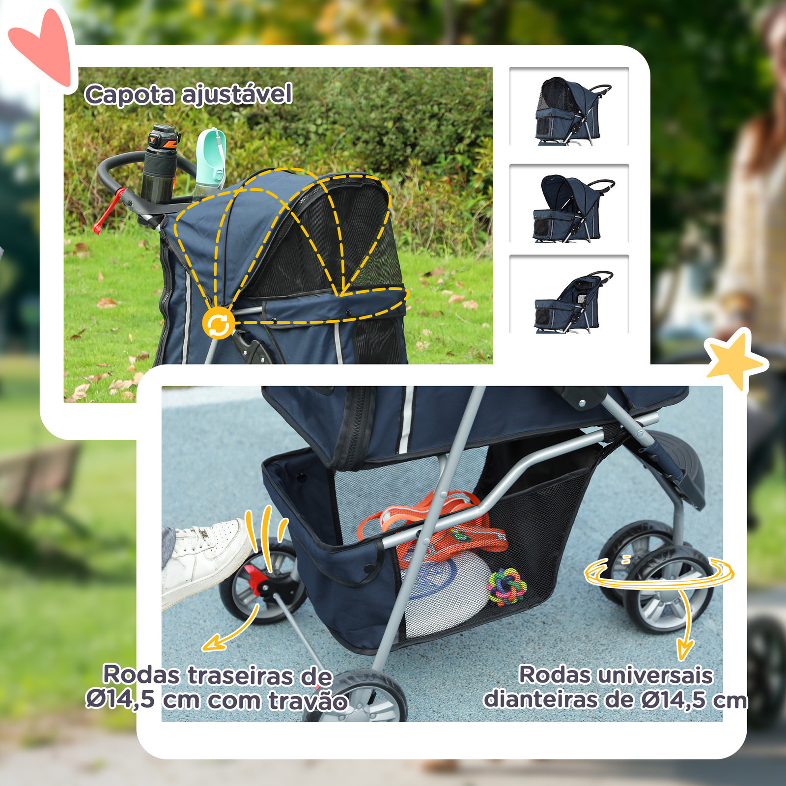 Carrinho para animais de estimação dobrável com rodas giratórias cesto e suporte para copos 75x45x97 cm azul escuro