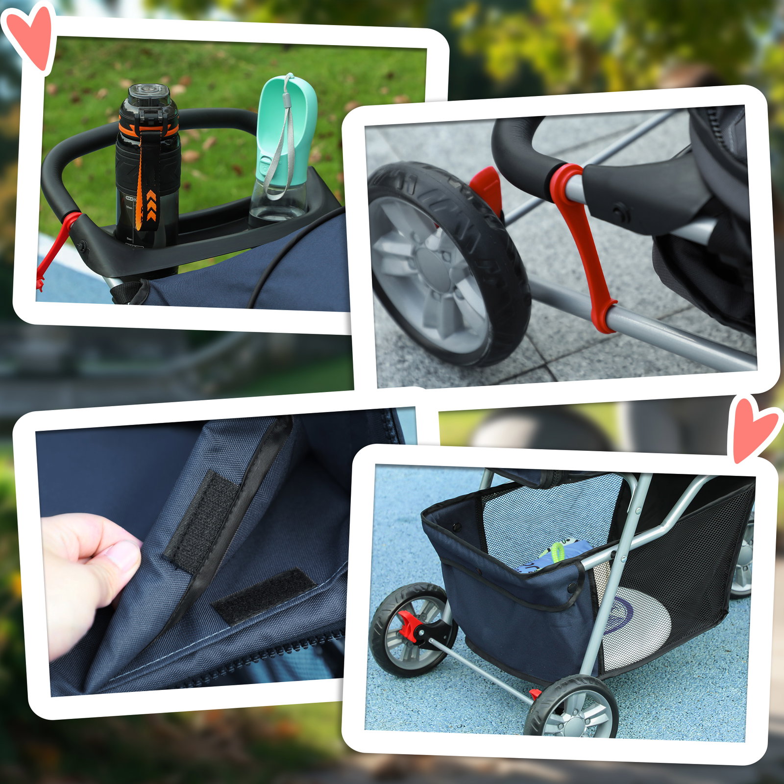 Carrinho para animais de estimação dobrável com rodas giratórias cesto e suporte para copos 75x45x97 cm azul escuro