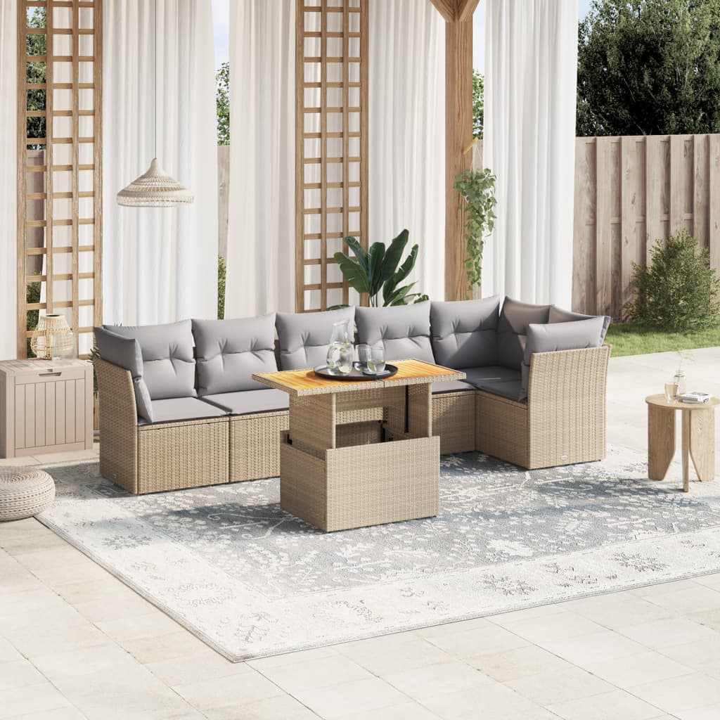 7 Pcs conjunto de sofás p/ jardim com almofadões vime PE bege
